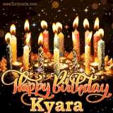 A glowing personalized birthday GIF with name Kyara featuring lit candles with intricate designs, warm lighting, and the text 'Happy Birthday' in an elegant font.