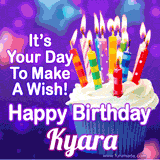 A colorful birthday GIF for Kyara featuring a cupcake with vibrant lit candles and the text 'It's Your Day to Make a Wish! Happy Birthday Kyara' in bold letters on a festive purple background.