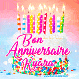 A white birthday cake covered in colorful sprinkles, topped with bright candles, and French text 'Bon Anniversaire Kyara' on a pastel gradient background in an animated GIF.