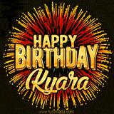 Golden 'Happy Birthday Kyara' text accompanied by animated rainbow fireworks for a festive animated greeting.