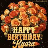Animated bouquet of orange roses with moving butterfles and golden 'Happy Birthday Kyara' text, surrounded by sparkling accents and a dark backdrop for a luxurious feel.