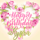A stunning heart made of pink roses surrounds the elegant script text 'Happy Birthday Kyara' on a soft beige background. Animated sparkles add a magical and festive feel.