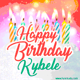 Bright birthday candles with rainbow flames on a cake, alongside the text 'Happy Birthday Kybele' in vibrant script in this celebratory animated GIF.