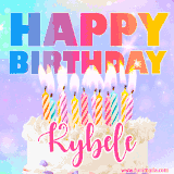 A vibrant animated name GIF with the words 'Happy Birthday Kybele' with colorful candles on a creamy cake. The background sparkles with pastel shades, adding a festive touch.