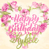 A stunning heart made of pink roses surrounds the elegant script text 'Happy Birthday Kybele' on a soft beige background. Animated sparkles add a magical and festive feel.