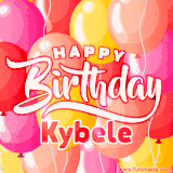 A vibrant name GIF featuring colorful balloons in shades of pink, orange, and yellow with the bold text 'Happy Birthday Kybele' in festive fonts, creating a lively birthday vibe.