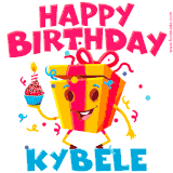A vibrant and funny gift box character with a happy face dancing with a cupcake and the text 'Happy Birthday Kybele,' surrounded by animated confetti and party vibes.