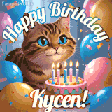 A playful tabby cat sits behind a colorful birthday cake surrounded by balloons and confetti, with 'Happy Birthday Kycen!' written above in festive letters.
