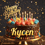 A rich chocolate frosted cake on a gold stand with glowing yellow candles, personalized with the name Kycen.