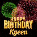 Wishing You A Happy Birthday, Kycen! Best fireworks GIF animated greeting card.