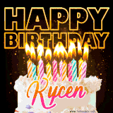 A vibrant animated GIF featuring a delicious birthday cake topped with glowing candles and the name 'Kycen' in elegant script, and the words 'Happy Birthday' on the black background.