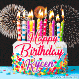A lively happy birthday animated GIF showcasing a colorful birthday cake covered in sprinkles, topped with glowing candles, and surrounded by vibrant fireworks. The name 'Kycen' is featured in elegant script.