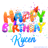 Animated GIF with colorful, festive 'Happy Birthday Kycen' text decorated with patterns, a party hat, and falling confetti. A vibrant and cheerful design for birthday celebrations.