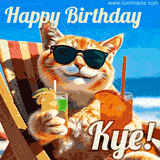 A cheerful cat wearing sunglasses, enjoying drinks on a sunny beach chair, with the text 'Happy Birthday Kye!' in bright letters.