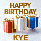 Classic and bold Happy Birthday Kye animated message accompanied by three bouncing gift boxes designed perfectly for a masculine birthday greeting