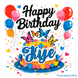 An animated birthday cake for Kye decorated with colorful flowers, balloons, and four detailed butterflies on a white background.