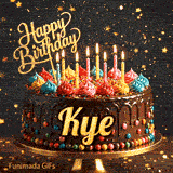 Glittery dark background with golden stars behind a chocolate birthday cake with the name Kye written on the front.