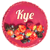 Beautifully decorated red velvet berry birthday cake with vibrant fruits and a glowing 'Kye' name, adding a touch of sweetness and sparkle.