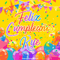 A bright and festive GIF with the text 'Feliz Cumpleaños Kye' in Spanish in colorful fonts, surrounded by confetti, balloons, and festive banners on a vibrant yellow background.