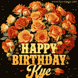 Animated bouquet of orange roses with moving butterfles and golden 'Happy Birthday Kye' text, surrounded by sparkling accents and a dark backdrop for a luxurious feel.
