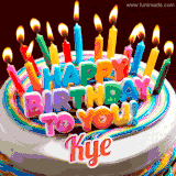 A colorful birthday cake topped with lit candles, with the words 'Happy Birthday Kye' in bold glowing letters on a burgundy background. Animated flames add a festive touch.