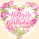 A stunning heart made of pink roses surrounds the elegant script text 'Happy Birthday Kye' on a soft beige background. Animated sparkles add a magical and festive feel.