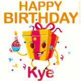 A vibrant and funny gift box character with a happy face dancing with a cupcake and the text 'Happy Birthday Kye,' surrounded by animated confetti and party vibes.