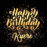 Animated GIF with colorful, festive 'Happy Birthday Kyere' text decorated with patterns, a party hat, and falling confetti. A vibrant and cheerful design for birthday celebrations.