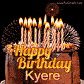 A rich chocolate cake topped with glowing birthday candles and surrounded by bright fireworks. The animated GIF displays the message 'Happy Birthday Kyere' in golden text.