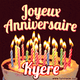 A Happy Birthday GIF in French featuring a festive birthday cake adorned with bright candles and the glowing text 'Joyeux Anniversaire Kyere' in a cheerful style.