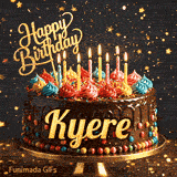 Flickering candles of different colors on top of a chocolate glaze cake with Kyere's name in elegant writing.