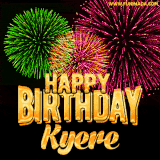 A captivating GIF with bursts of green, pink, and orange fireworks lighting up the night sky, accompanied by 'Happy Birthday Kyere' in glowing golden text.