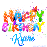 Animated GIF with colorful, festive 'Happy Birthday Kyere' text decorated with patterns, a party hat, and falling confetti. A vibrant and cheerful design for birthday celebrations.
