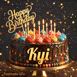 An animated birthday card featuring a detailed chocolate cake under falling gold dust, personalized for Kyi.