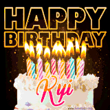 A vibrant animated GIF featuring a delicious birthday cake topped with glowing candles and the name 'Kyi' in elegant script, and the words 'Happy Birthday' on the black background.