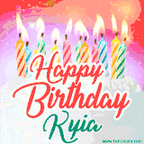 Bright birthday candles with rainbow flames on a cake, alongside the text 'Happy Birthday Kyia' in vibrant script in this celebratory animated GIF.