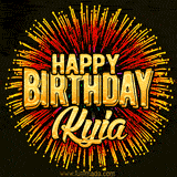 Golden 'Happy Birthday Kyia' text accompanied by animated rainbow fireworks for a festive animated greeting.