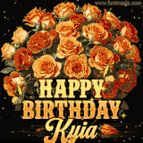Animated bouquet of orange roses with moving butterfles and golden 'Happy Birthday Kyia' text, surrounded by sparkling accents and a dark backdrop for a luxurious feel.