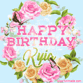 A charming animated GIF featuring 'Happy Birthday Kyia' in pink and green text, surrounded by delicate roses, leaves, and fluttering butterflies on a soft light blue pastel background.