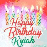 Bright birthday candles with rainbow flames on a cake, alongside the text 'Happy Birthday Kyiah' in vibrant script in this celebratory animated GIF.