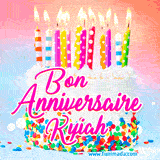 A white birthday cake covered in colorful sprinkles, topped with bright candles, and French text 'Bon Anniversaire Kyiah' on a pastel gradient background in an animated GIF.