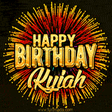 Golden 'Happy Birthday Kyiah' text accompanied by animated rainbow fireworks for a festive animated greeting.