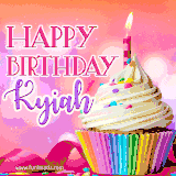 A vibrant birthday GIF featuring a rainbow-colored cupcake topped with white frosting, sprinkles, and a lit candle. The text reads 'Happy Birthday Kyiah' in bold pink and violet letters with white outline.