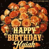 Animated bouquet of orange roses with moving butterfles and golden 'Happy Birthday Kyiah' text, surrounded by sparkling accents and a dark backdrop for a luxurious feel.