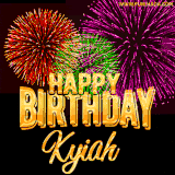 A golden 'Happy Birthday Kyiah' message with vibrant fireworks in the background, creating a festive and celebratory vibe in this animated name GIF.