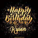 Animated GIF with colorful, festive 'Happy Birthday Kyion' text decorated with patterns, a party hat, and falling confetti. A vibrant and cheerful design for birthday celebrations.