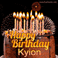 A rich chocolate cake topped with glowing birthday candles and surrounded by bright fireworks. The animated GIF displays the message 'Happy Birthday Kyion' in golden text.