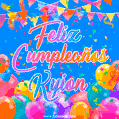 A vibrant animated GIF with 'Feliz Cumpleaños Kyion' written in colorful script, surrounded by balloons, confetti, and bunting on a bright blue background.