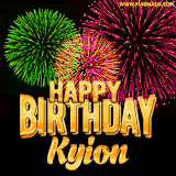 A captivating GIF with bursts of green, pink, and orange fireworks lighting up the night sky, accompanied by 'Happy Birthday Kyion' in glowing golden text.