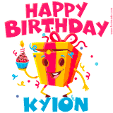 A funny animated birthday GIF with the words 'Happy Birthday Kyiona', colorful gift box with arms and legs, holding a cupcake with a lit candle  with confetti everywhere.